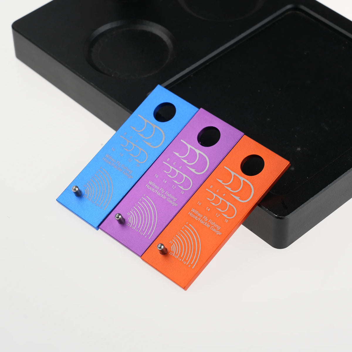 WIFREO anodized aluminum hook and hackle gauges in Blue, Purple and Orange