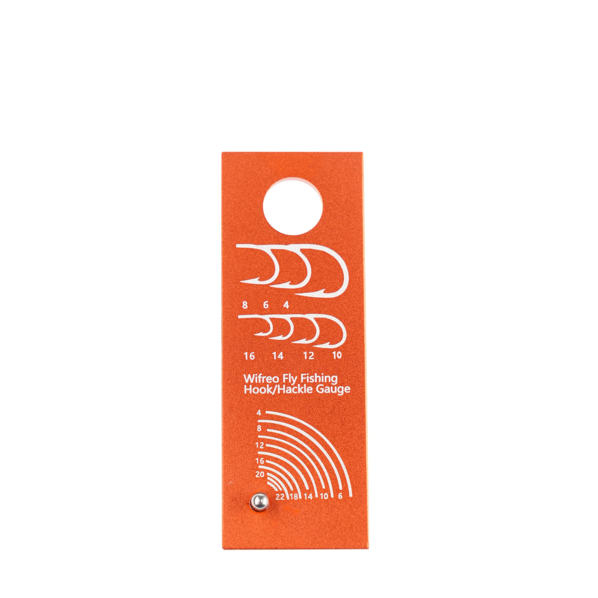Orange hook gauge and hackle gauge with size markings
