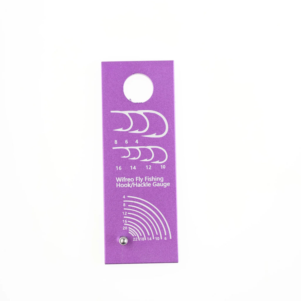 Purple hook gauge and hackle gauge with size markings