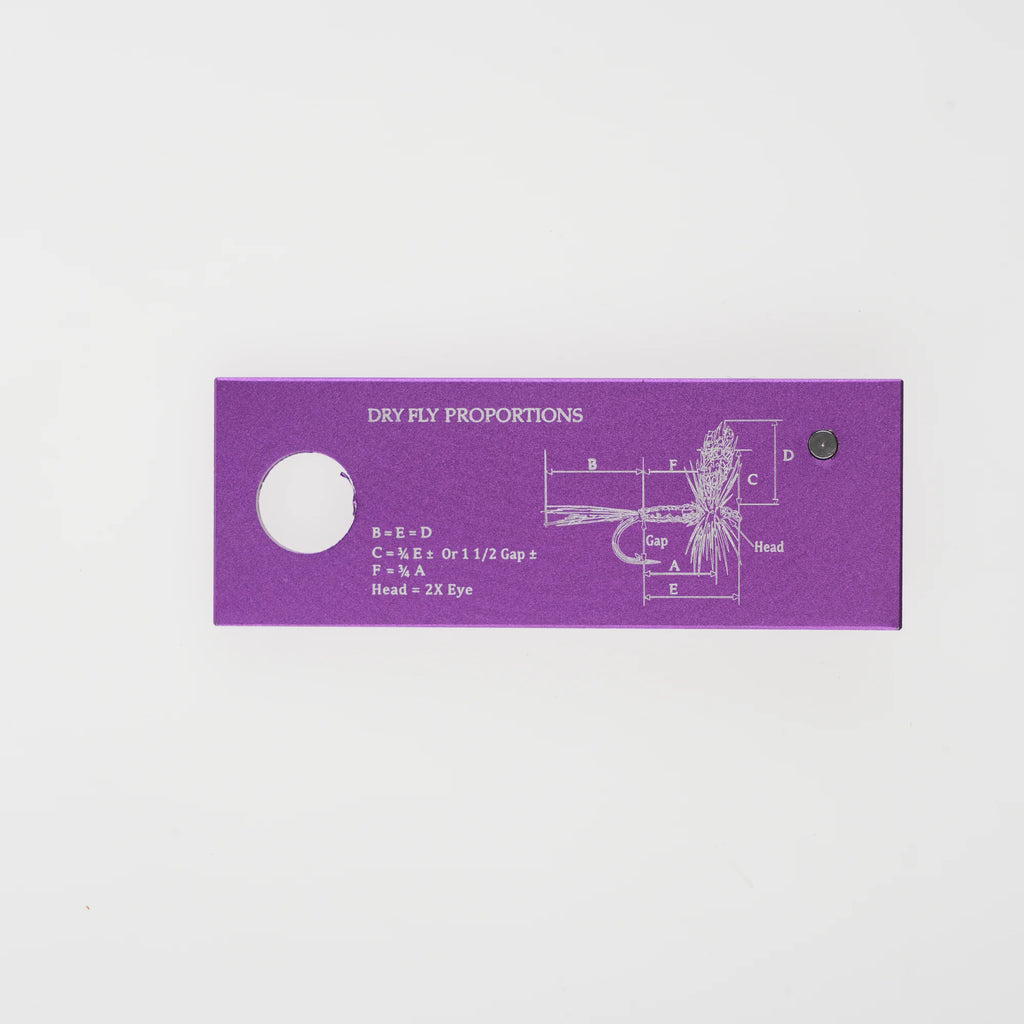 Purple reverse side with traditional dry fly proportion reference