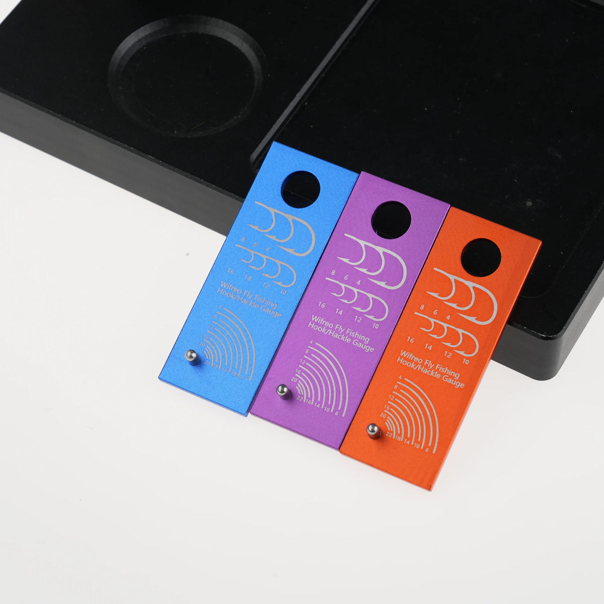 Blue, Purple and Orange anodized aluminum fly tying gauges