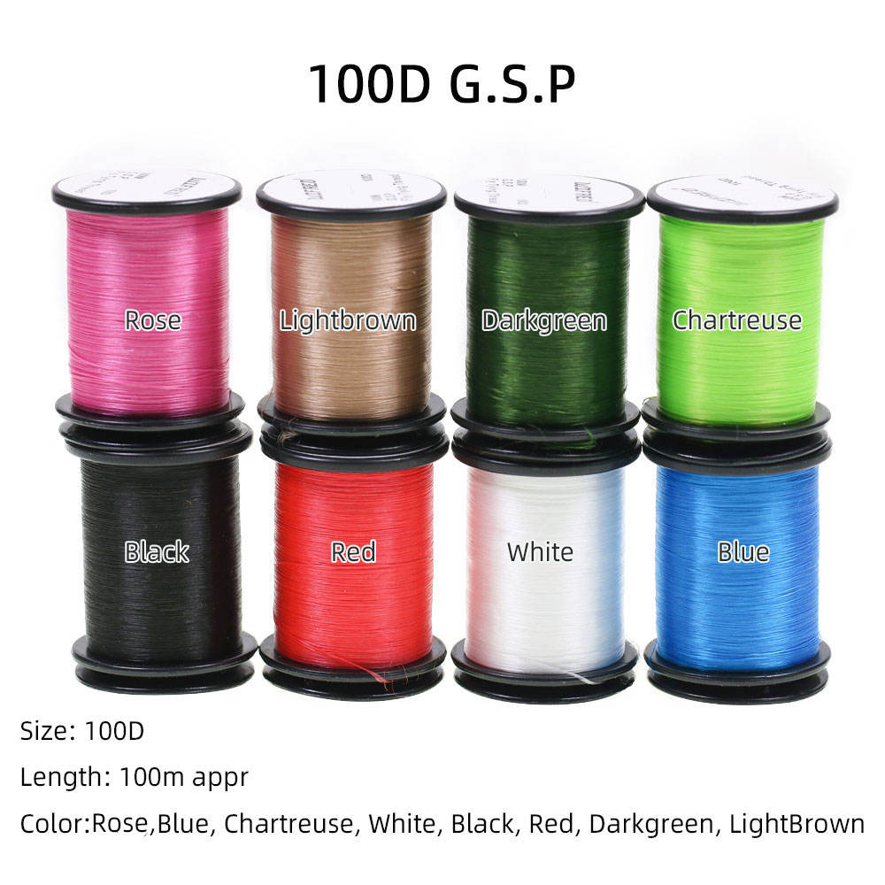 100D GSP fly tying thread in eight colors: rose, light brown, dark green, chartreuse, black, red, white and blue