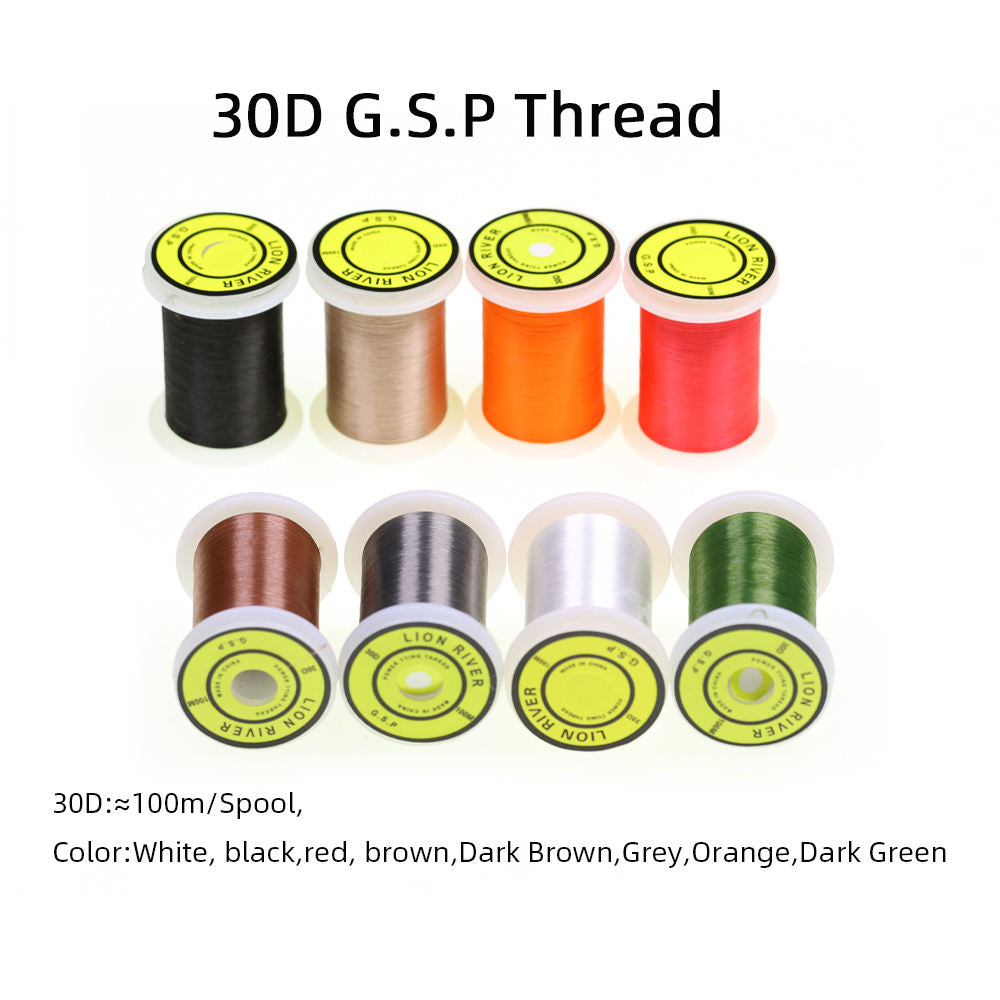 30D GSP fly tying thread in eight colors: white, black, red, brown, dark brown, grey, orange and dark green
