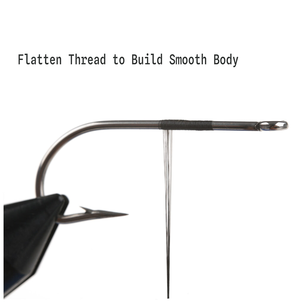 Flat nylon fly tying thread spread to build a smooth low-bulk body
