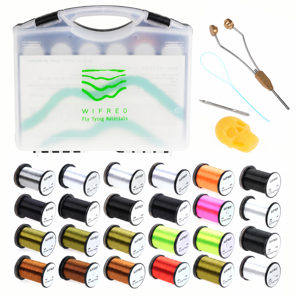 Wifreo 24-spool fly tying thread kit with storage box, tools and thread-splitting needle