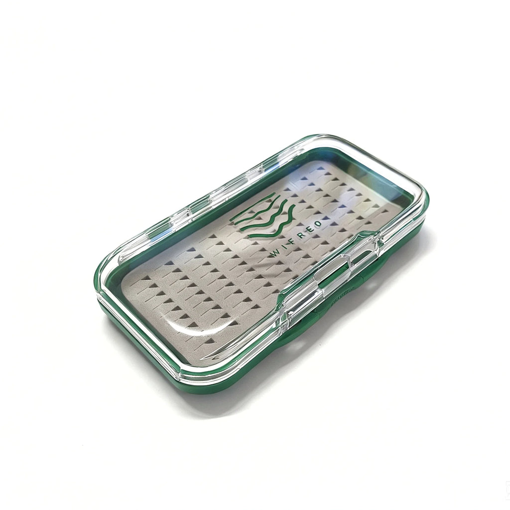 Closed WIFREO 90-slot fly box with clear lid, angled view