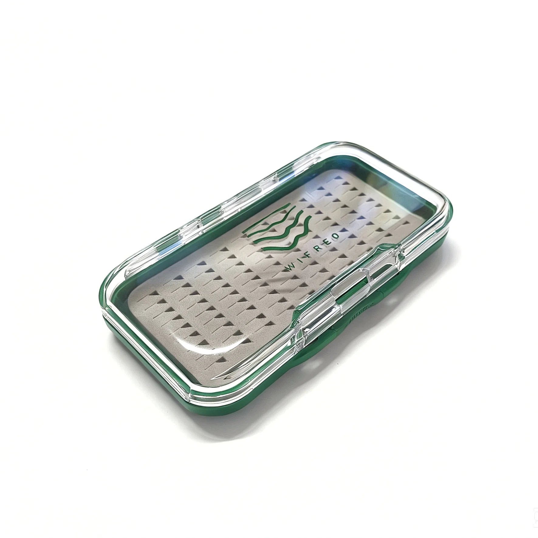Closed WIFREO 90-slot fly box with clear lid, angled view