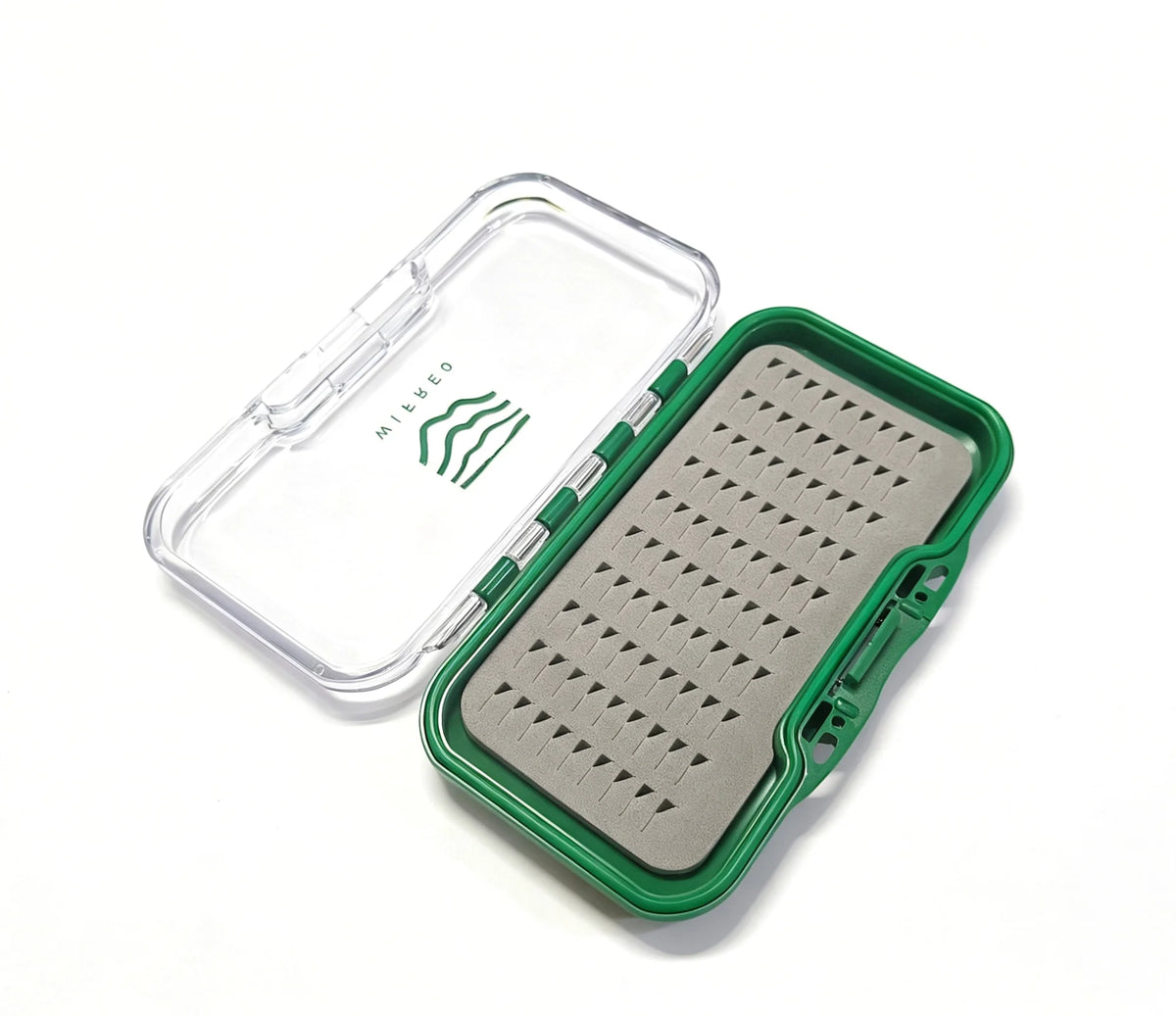 WIFREO 90-slot fly box open at an angle with green frame and clear lid