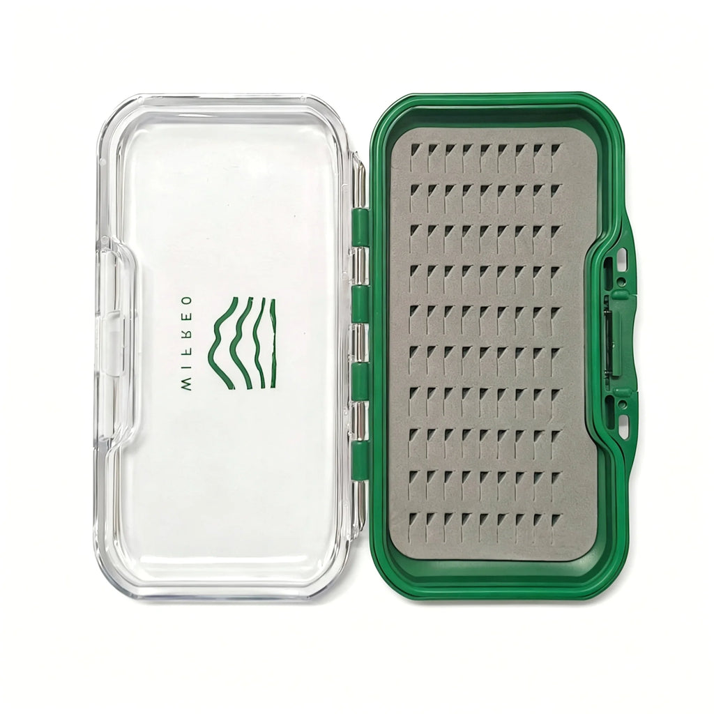 WIFREO 90-slot fly box open, showing the clear lid and slotted insert