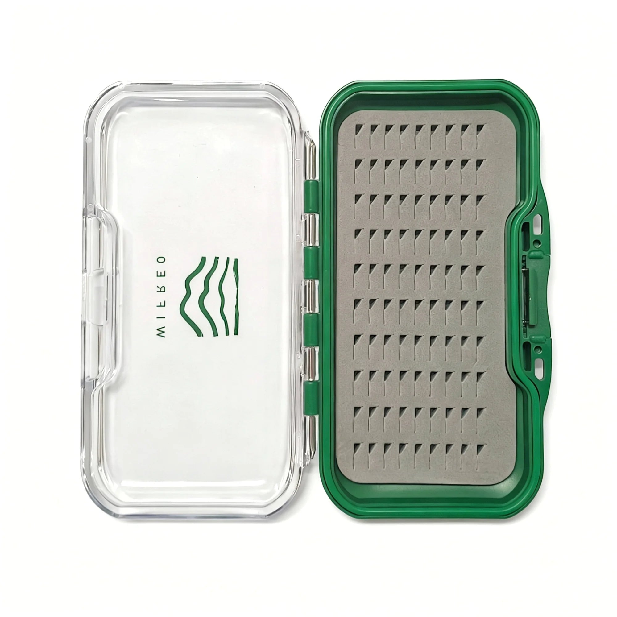 WIFREO 90-slot fly box open, showing the clear lid and slotted insert