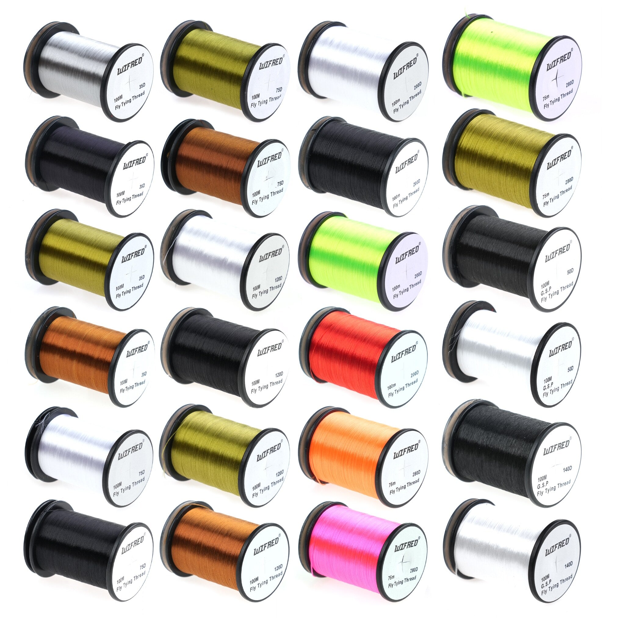 Twenty-four nylon and GSP fly tying thread spools in assorted colors
