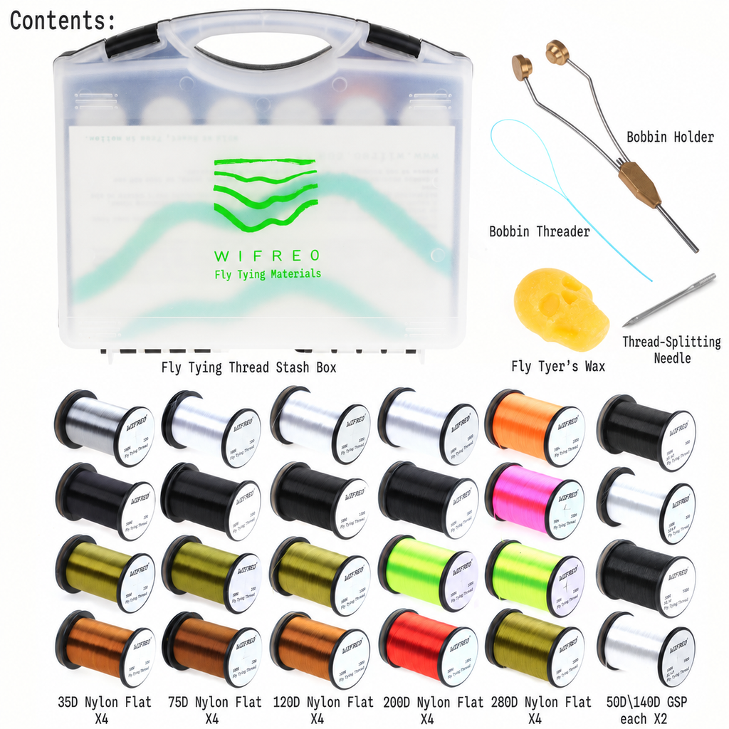 Contents of Wifreo fly tying thread kit with 24 spools and included tools