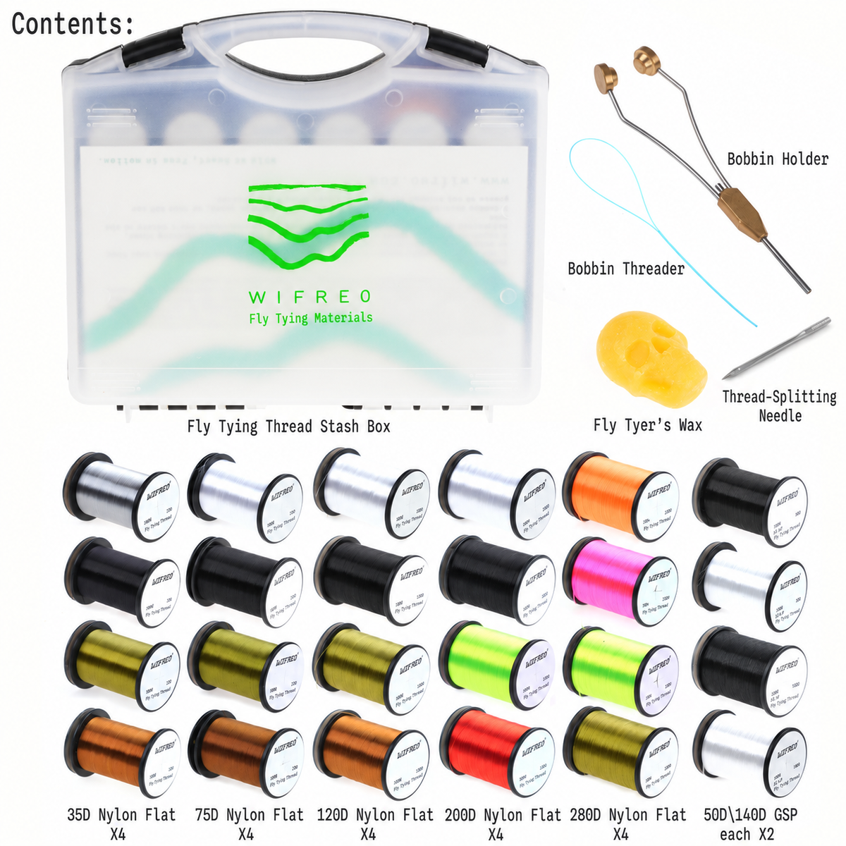 Contents of Wifreo fly tying thread kit with 24 spools and included tools