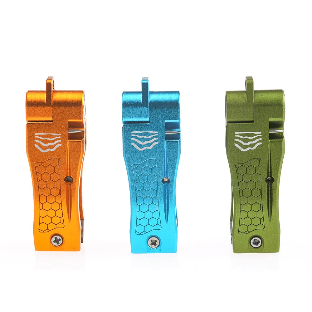 Front view of orange, blue, and olive green WIFREO tippet nippers