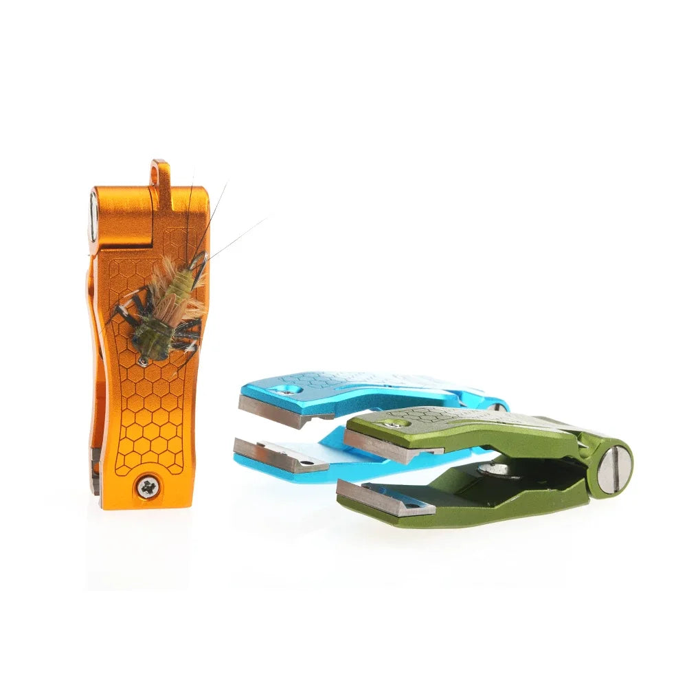 WIFREO tippet nippers showing replaceable cutters and fly holding area