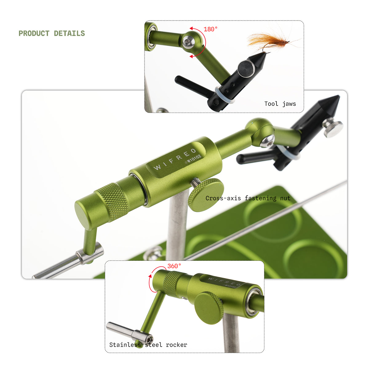 WIFREO W10102 fly tying vise rotary head and handle details