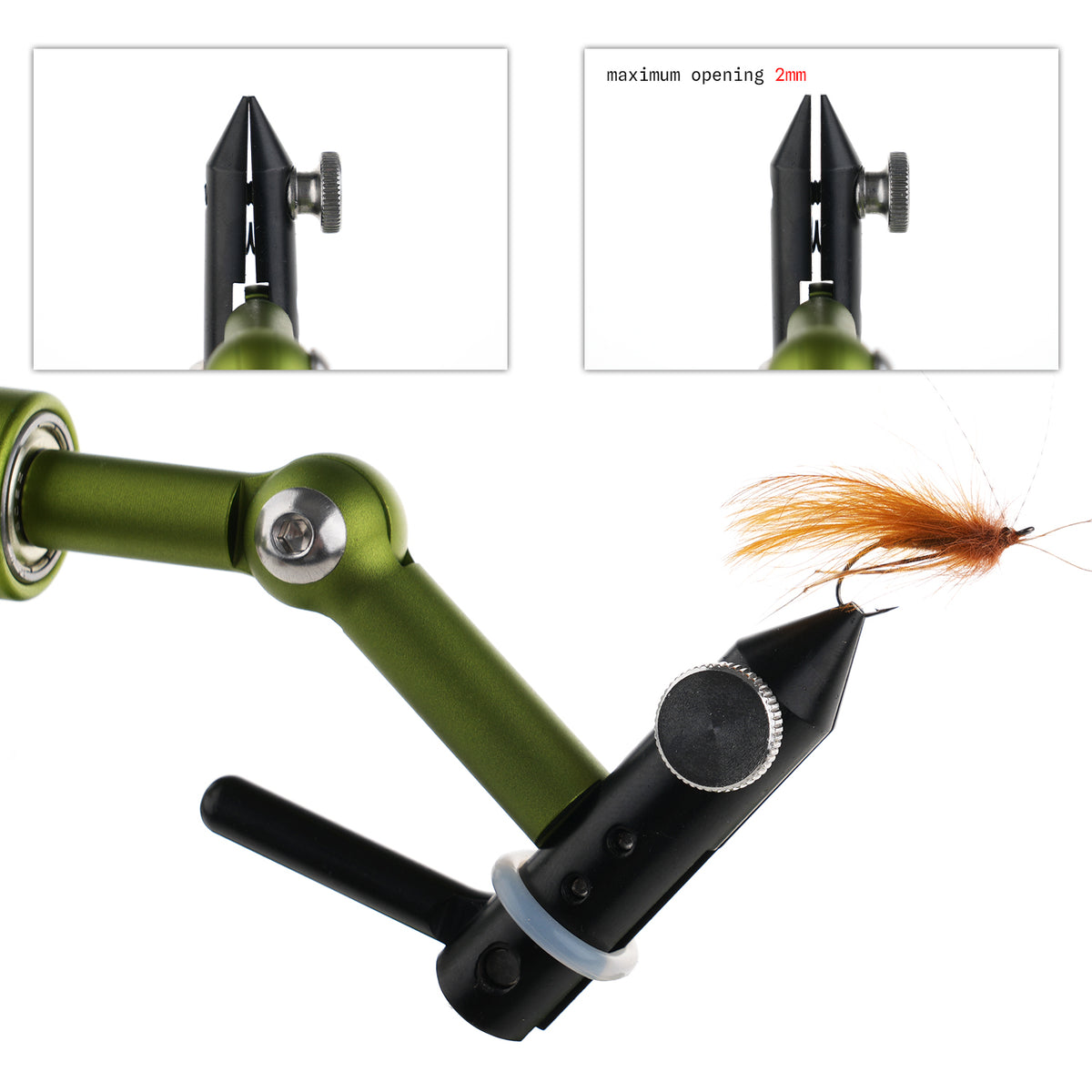 WIFREO W10102 vise jaw detail and fly hook clamping example